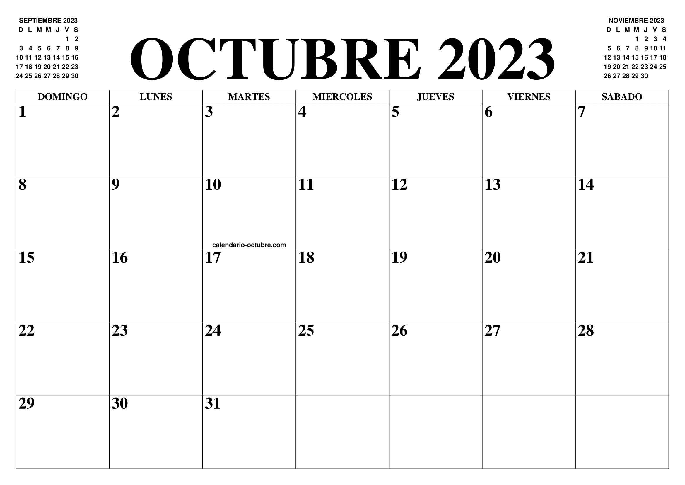 Calendario octubre imprimir 2023