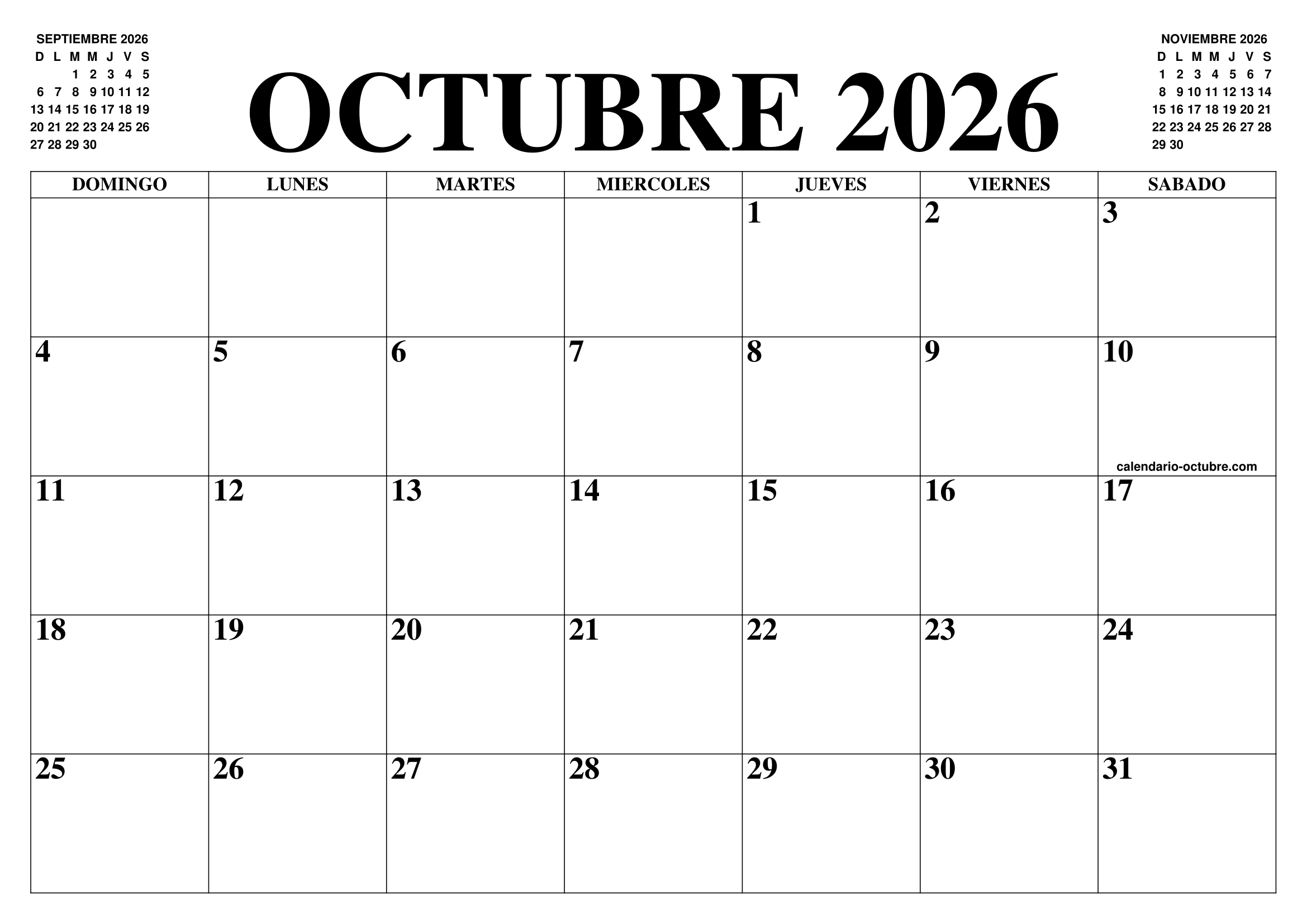 CALENDARIO OCTUBRE 2026 EL CALENDARIO OCTUBRE PARA IMPRIMIR GRATIS